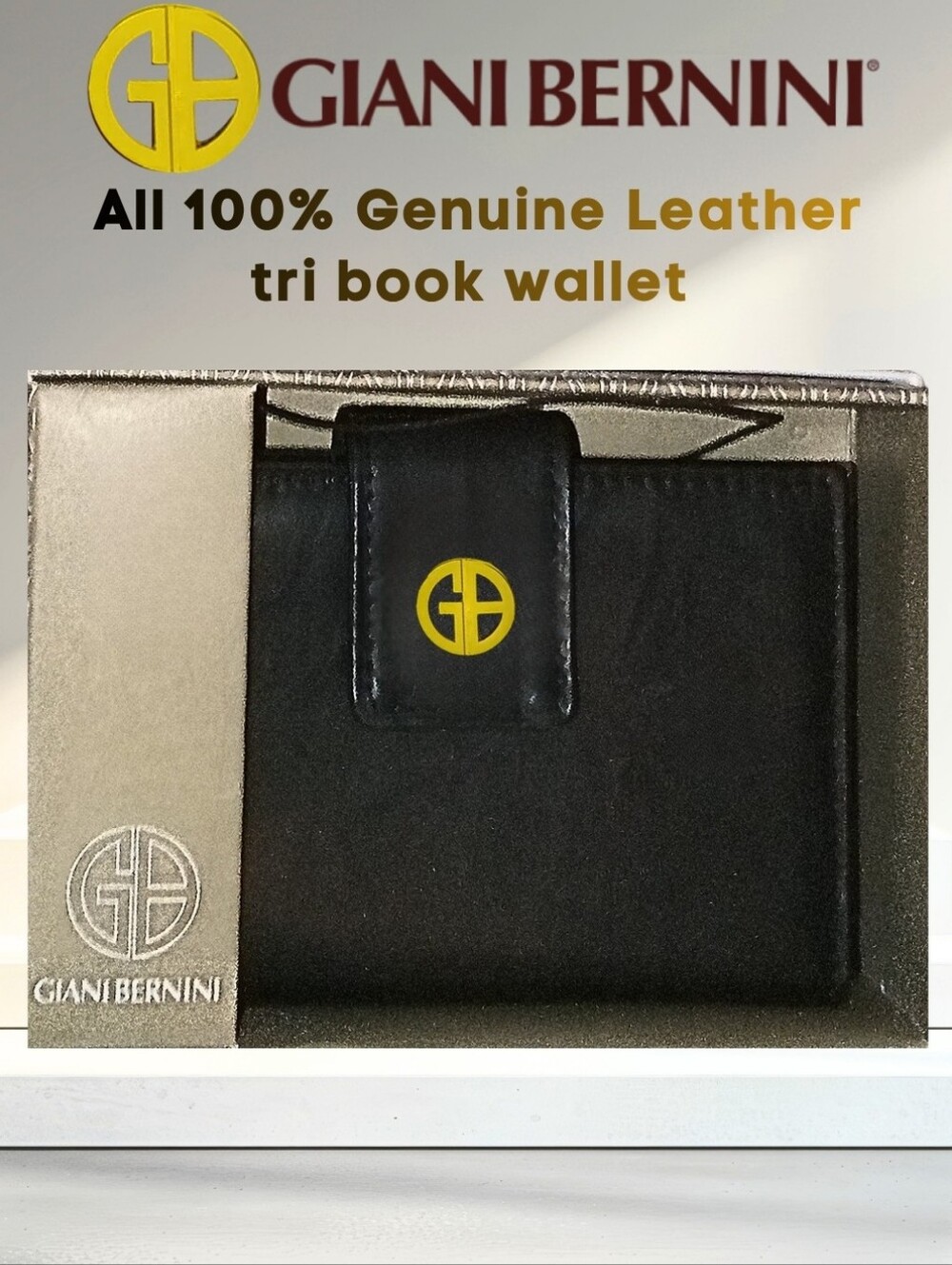 Giani Bernini Black Leather Tri-Fold Wallet with Gold Emblem New In Box
